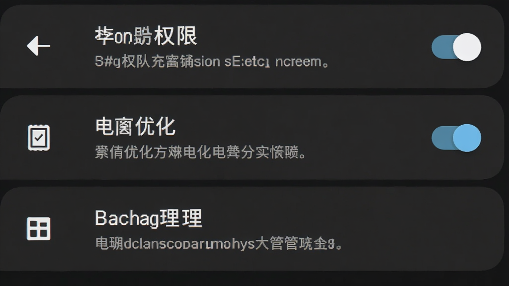 手机游戏设置界面风格,画面为安卓系统设置菜单,重点展示存储权限、电池优化、后台管理三个选项,背景为深色模式,主体为设置列表,布局为纵向排列,排版清晰,风格为扁平化UI,细节包括权限开关、文字说明,画质高清,干净,无多余元素
