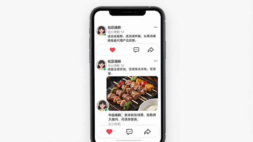 烧品汇社区互动界面展示,手机屏幕显示用户动态信息流,每条动态包含用户头像、昵称、发布时间、文字描述和烧烤美食图片,下方有点赞评论分享按钮,布局为垂直列表,风格为简洁明快,细节包括红心点赞图标、评论气泡、分享箭头,画质高清,干净,无多余元素