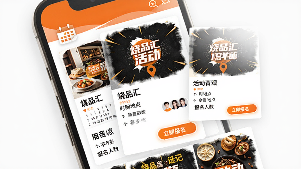 烧品汇线下活动召集页面展示,手机屏幕显示活动列表,每个活动卡片包含活动海报、活动名称、时间地点、报名人数和立即报名按钮,布局为卡片式列表,风格为活力橙色系,细节包括日历图标、定位图标、用户头像组,画质高清,干净,无多余元素