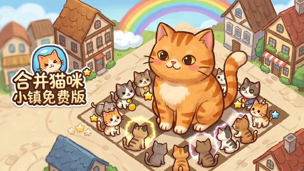 画面中央是一只巨大的橘色猫咪坐在小镇广场上,周围环绕着许多不同品种的小猫在合并升级,背景是卡通风格的欧式小镇建筑与彩虹,布局采用俯视视角展示合成棋盘与建筑区域,排版左侧放置游戏图标与名称“合并猫咪小镇免费版”,风格为温暖治愈的卡通手绘,细节包含猫咪表情、合并特效光晕、金币与星星元素,画质高清、色彩明快、干净整洁、无多余元素