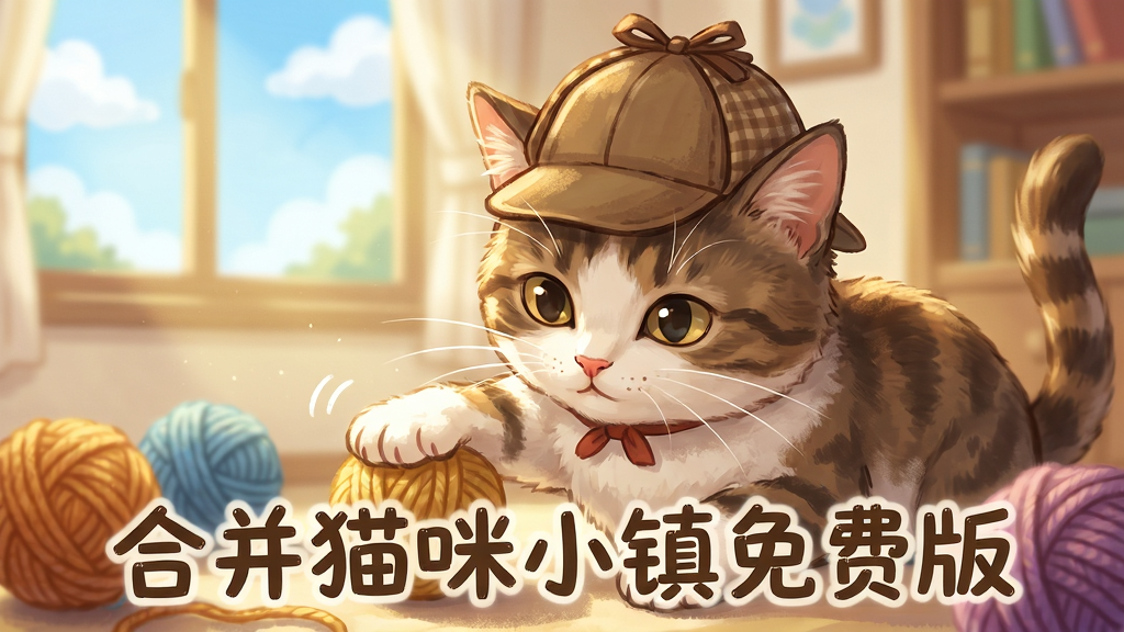 画面主体是一只戴着侦探帽的猫咪在充满阳光的房间里玩耍,周围散落着毛线球与合成道具,布局采用近景特写与背景虚化处理,排版中央突出游戏名称“合并猫咪小镇免费版”,风格为温馨治愈的日系手绘,细节包含猫咪胡须、毛线纹理、窗外的蓝天白云,画质细腻、光线柔和、干净无杂物