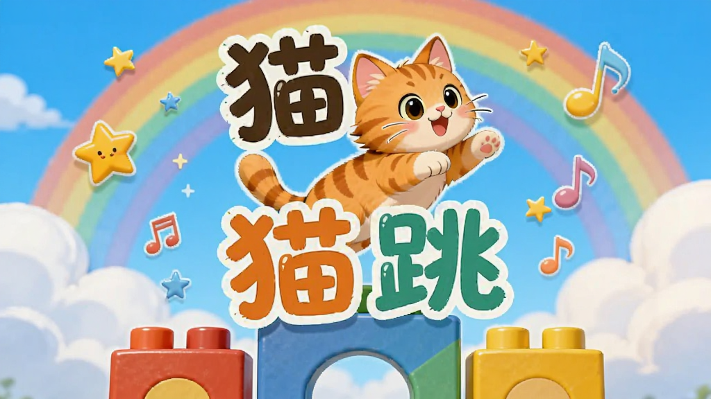 一只橘色小猫站在彩色积木平台上向上跳跃,背景是蓝天白云和彩虹,画面中央用大字写着