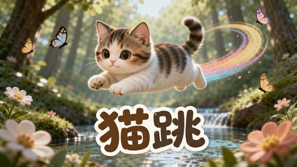一只可爱小猫在猫跳游戏中腾空跳跃,身后拖着彩色轨迹,背景是森林和溪流,画面中央以艺术字展示
