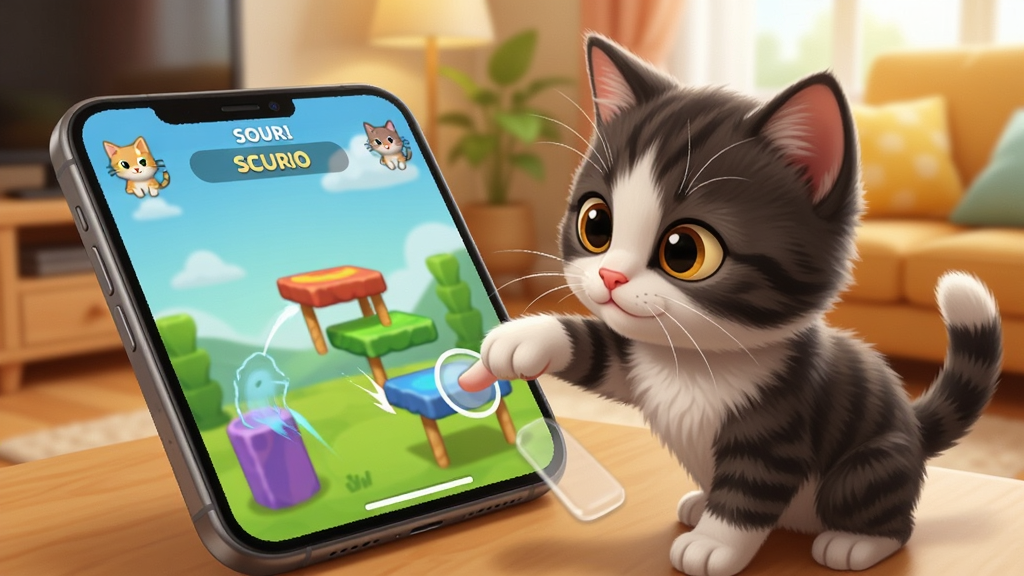 一只小猫正在玩猫跳手机游戏,手指点击屏幕控制跳跃,画面展示游戏中的多彩平台和分数界面,背景是温馨的室内环境,风格写实卡通融合,细节清晰,画质干净无多余元素