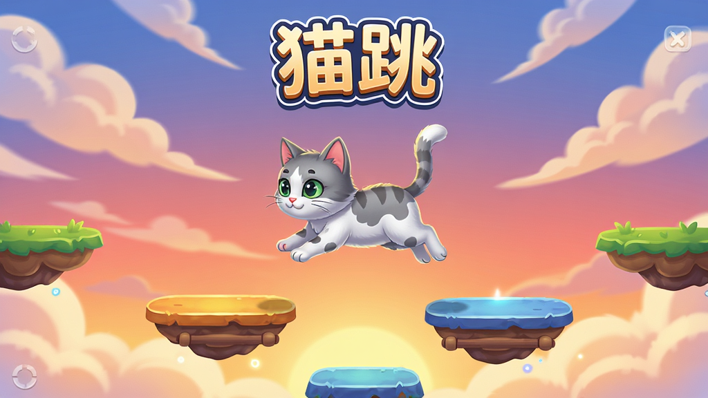 卡通风格展示猫跳游戏界面,一只灰白相间的小猫在多个悬浮平台之间跳跃,背景有渐变晚霞和动态云朵,屏幕上方显示