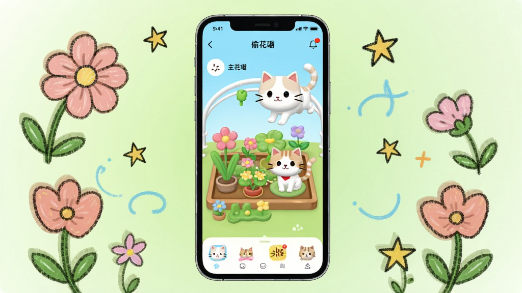 一张展示偷花喵应用主界面的预览图,画面中央是手机屏幕,屏幕内显示偷花喵的清新卡通风格界面,有虚拟花园和猫咪角色,周围环绕着手绘风格的花朵和星星装饰,背景是柔和的浅绿色渐变,整体风格可爱治愈,画质清晰明亮,干净无多余元素