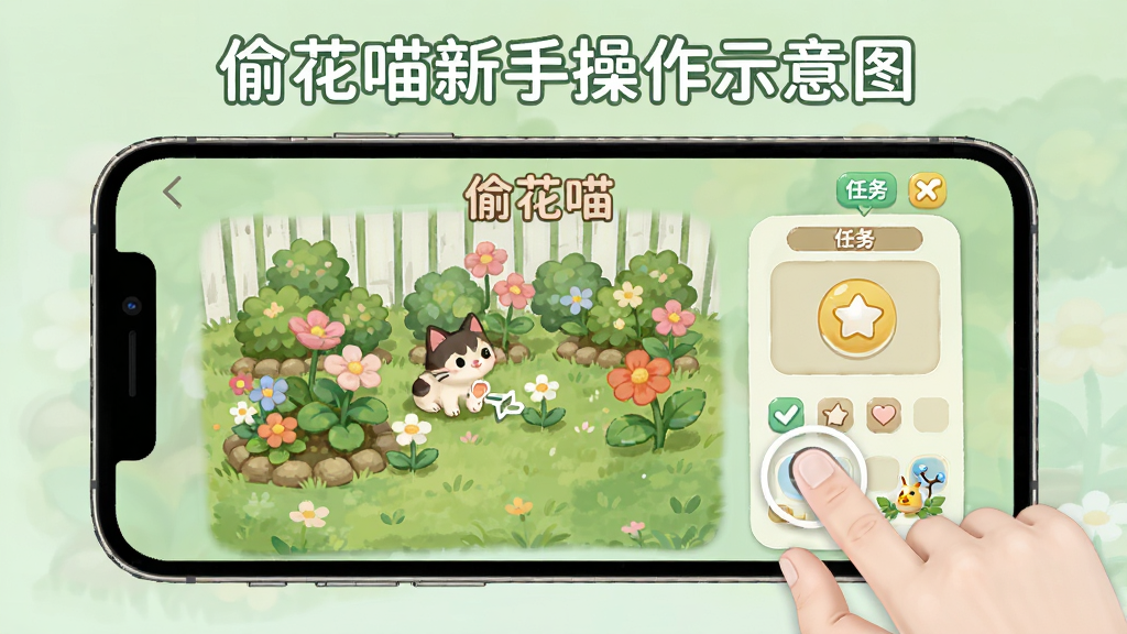 偷花喵新手操作示意图,画面展示手机屏幕上的偷花喵界面,有手指点击花园和任务栏的示意,背景简洁,风格清新,画质清晰干净