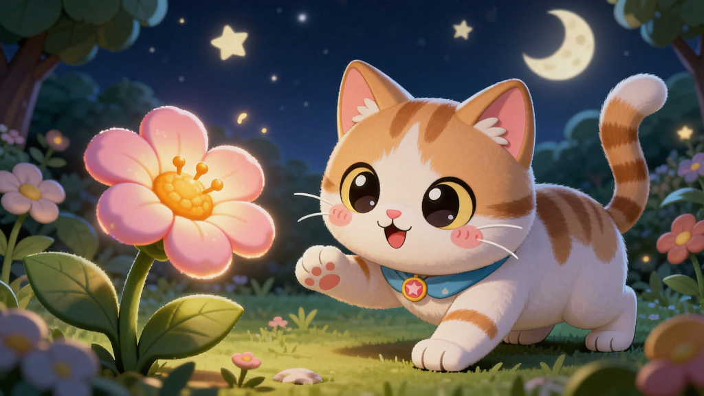 偷花喵偷花玩法场景图,画面展示一只猫咪蹑手蹑脚地靠近一朵发光的花,背景是夜色中的花园,有星星和月亮,风格俏皮可爱,画质明亮干净
