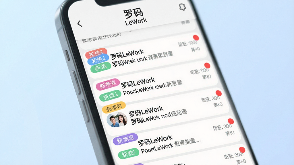 一张罗码LeWork消息聚合界面的示意图,画面以手机屏幕为主体,屏幕中显示多条消息卡片整齐排列,左侧有彩色标签区分群组,右侧有未读红点提示,背景为淡蓝色渐变,风格清爽,细节清晰,画质干净,无多余元素,画面中文字为“罗码LeWork”