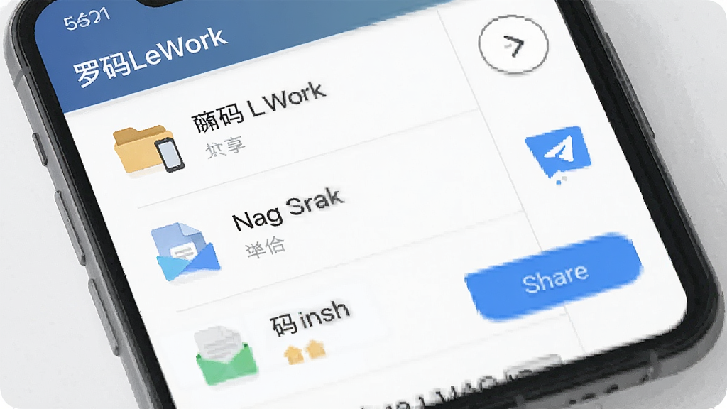 一张罗码LeWork文件共享界面的示意图,手机屏幕中显示文件列表和共享按钮,文件图标清晰,右侧有发送箭头,背景为浅灰色,风格商务简洁,细节清晰,画质干净,无多余元素,画面中文字为“罗码LeWork”