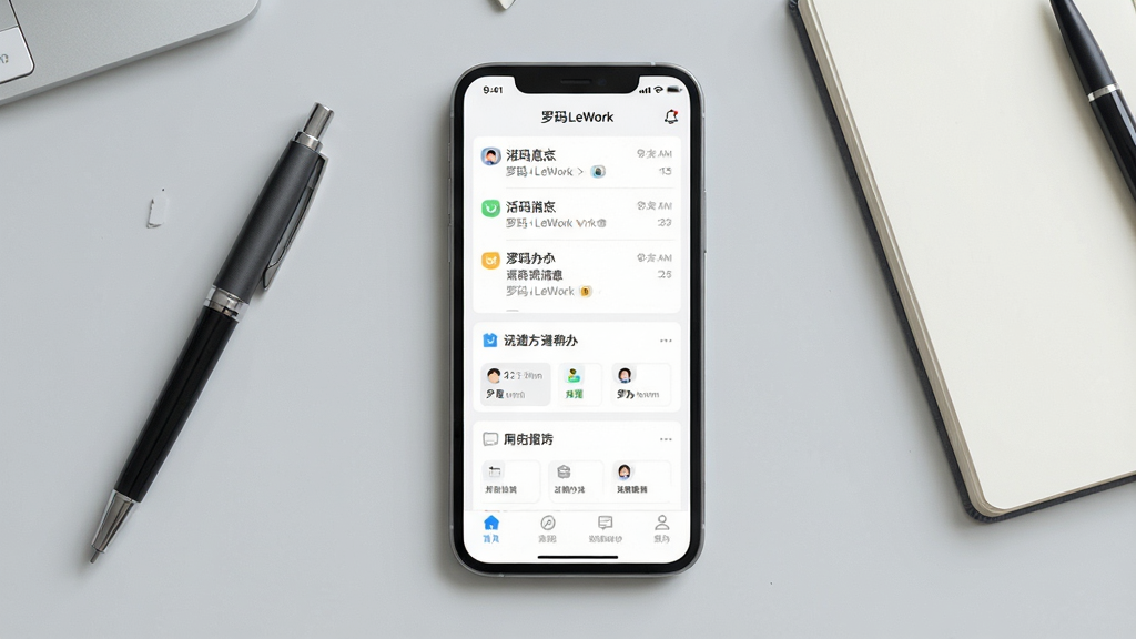 一张展示罗码LeWork移动端主界面的场景图,画面中央是一部竖屏手机,屏幕显示罗码LeWork应用首页,上方有消息列表和待办卡片,下方有底部导航栏,背景为浅灰色办公桌面,桌面上放着一支笔和一本笔记本,整体风格简洁现代,细节清晰,画质干净,无多余元素,文字内容为“罗码LeWork”