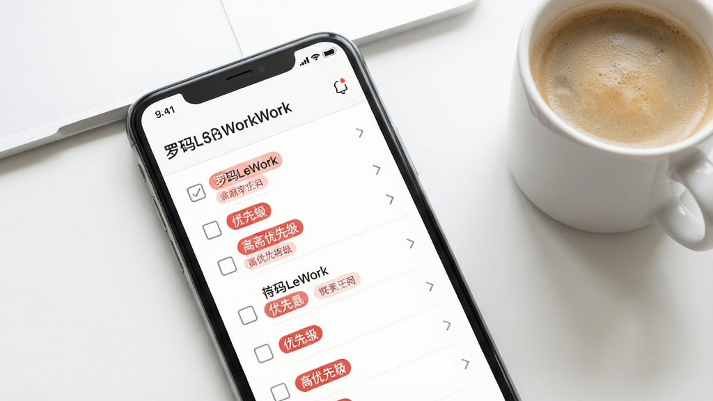 一张展示罗码LeWork待办清单功能的场景图,手机屏幕中显示待办列表,每条任务前有复选框,部分任务标有红色高优先级标签,屏幕上方显示日期,背景为白色办公桌,旁边放着一杯咖啡,风格简约,细节清晰,画质干净,无多余元素,文字为“罗码LeWork”