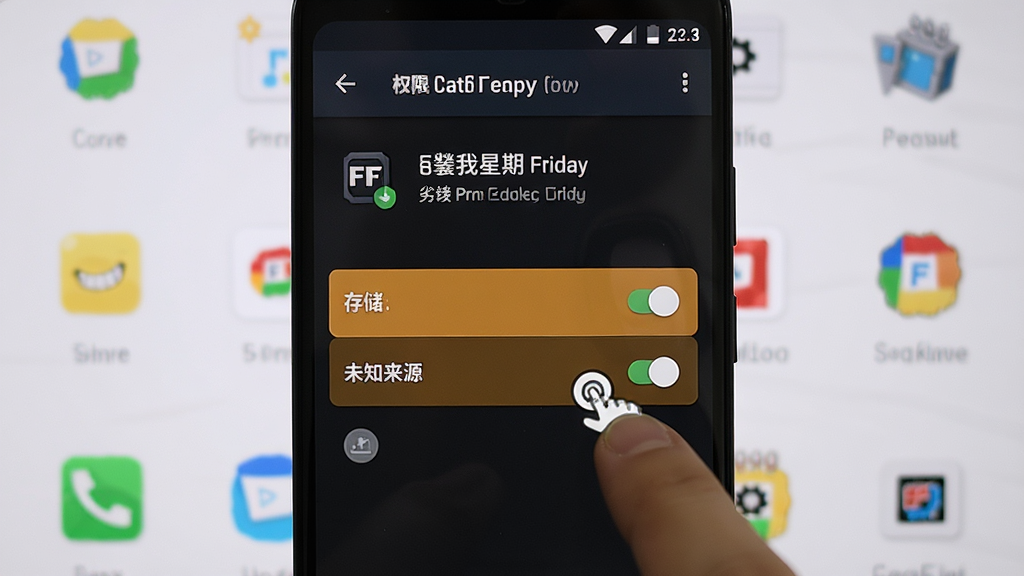 一张手机屏幕上显示FNF黑色星期五(劣质换皮模组)的安装权限设置界面,画面主体是安卓系统的应用权限管理页面,高亮显示“存储”和“未知来源”两个权限开关,旁边有手指点击的示意,背景是简洁的手机桌面,风格写实,细节清晰,高清画质,无多余元素