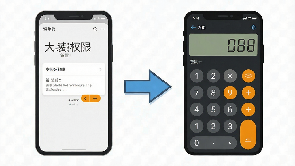 一张大字版计算器使用教程示意图。主体是一部手机显示安装权限设置界面,旁边有箭头指向计算器主界面。布局为左右流程式排版。风格为扁平化教程插画风格,细节上表现设置步骤和界面元素,画质清晰,干净,无多余元素。