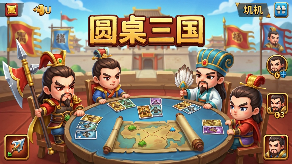 一张Q版三国卡牌策略挂机游戏主界面预览图,画面中央是圆桌会议场景,多位Q版三国武将围坐圆桌,吕布手持方天画戟、诸葛亮摇着羽扇,桌面摆放卡牌与地图卷轴,背景是古代城池与战旗,整体采用清新明亮的卡通渲染风格,色彩以红金蓝为主,排版居中突出游戏名称圆桌三国,细节包含挂机收益图标和武将头像框,画质清晰干净,无多余元素