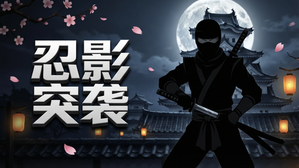 一张以暗黑忍者为主题的手机游戏宣传图,画面中央是一名身穿黑色忍者服的剪影角色,手持忍刀,背景是月光下的日式城堡屋顶,画面左侧显示游戏名称“忍影突袭”的立体字样,整体风格为暗黑剪影风,细节包括飘落的樱花花瓣、远处闪烁的灯笼光芒,画质高清,干净无多余元素