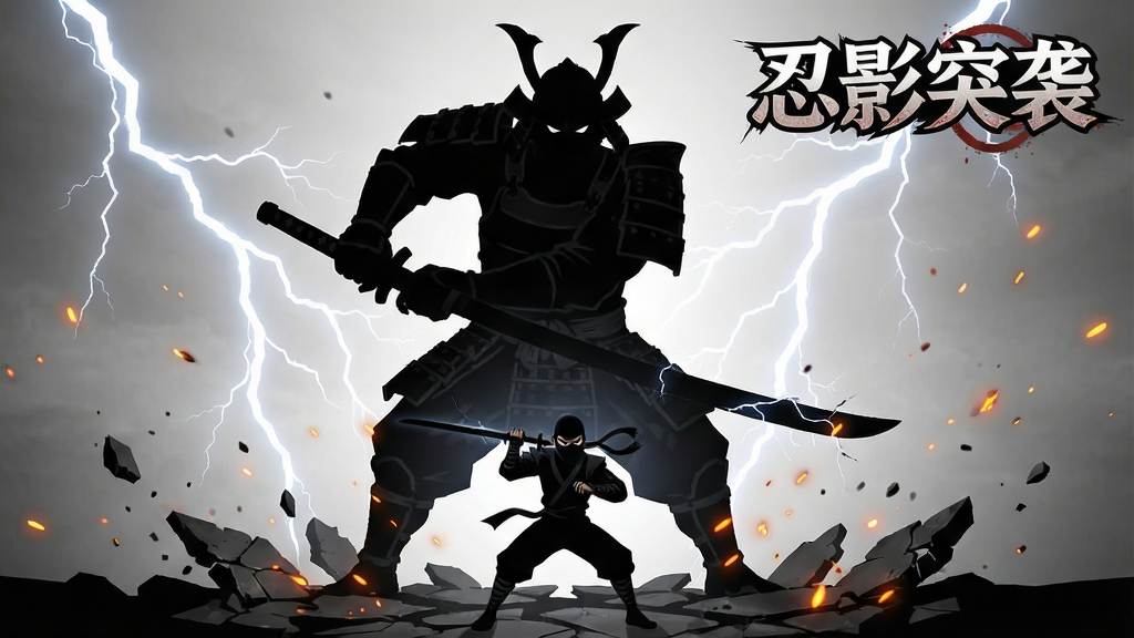 一张以Boss战为主题的手机游戏画面,画面中央是一名巨大的武士Boss手持长刀,画面下方是一名黑色忍者角色准备迎战,画面右上角标注“忍影突袭”游戏名称,整体风格为暗黑剪影风,细节包括雷电特效、破碎的地面和飘落的火星,画质高清,干净无多余元素