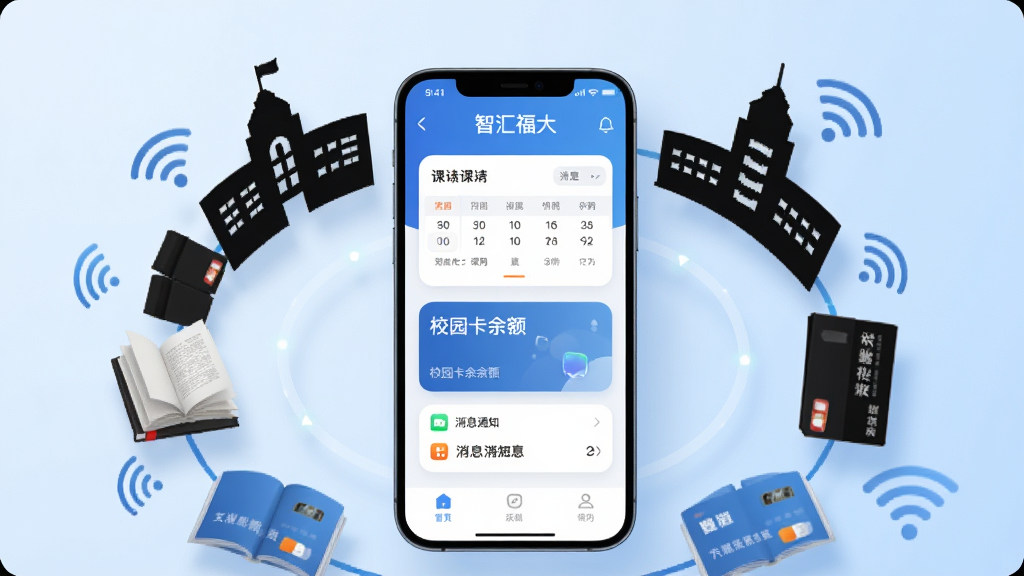 画面中央是一部现代智能手机,屏幕上展示“智汇福大”应用的主界面,界面布局包含课表卡片、校园卡余额、消息通知等模块。手机周围环绕着校园建筑剪影、书本、校园卡、WiFi信号等元素,形成环形布局。背景为浅蓝色渐变,风格简洁清新,细节包括柔和的阴影和圆角图标,画质清晰干净,无多余元素,整体呈现智慧校园科技感。