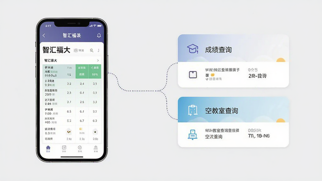 画面左侧是一部手机展示“智汇福大”课表界面,右侧是成绩查询和空教室查询的卡片式界面,中间用虚线连接。背景为浅灰色,风格简约商务,细节包括清晰的文字标签和图标,画质干净清晰,无多余元素。