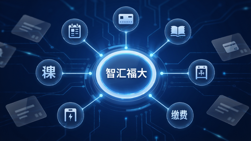 画面中心是一个发光的圆形枢纽,连接着多个功能图标如课表、校园卡、图书、门禁、缴费等,形成放射状布局。枢纽中央标注“智汇福大”文字。背景为深蓝色科技感渐变,细节包括微光线条和半透明卡片,风格现代简洁,画质高清干净,无多余元素。