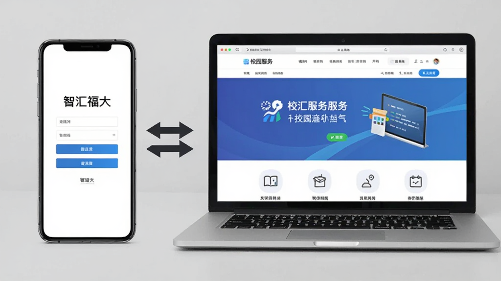 画面展示一部手机和一台笔记本电脑并排摆放,手机屏幕显示“智汇福大”登录界面,电脑屏幕显示校园服务网页版。两者之间用双向箭头连接。背景为浅灰色桌面,风格简约实用,细节包括清晰的界面元素和图标,画质干净,无多余元素。