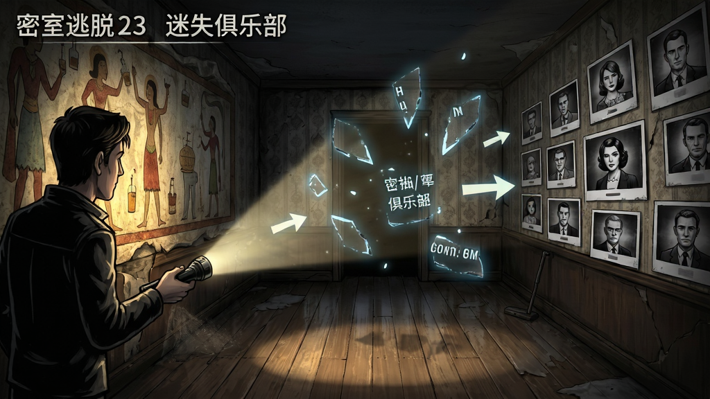 密室逃脱23迷失俱乐部-剧情解谜剧情对话场景,画面左侧是主角手持手电筒照亮墙壁上的古老壁画,右侧是俱乐部成员的黑白照片墙,中间漂浮着发光的文字碎片与线索箭头,布局为横版剧情展示界面,风格为暗色调悬疑插画风,细节包含灰尘颗粒、斑驳墙纸、木质地板反光,画质清晰干净,无多余元素