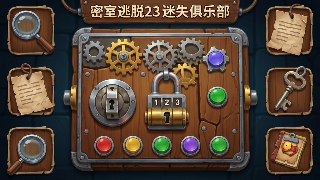 密室逃脱23迷失俱乐部-剧情解谜谜题界面,画面中央是一个带有齿轮、转盘、数字锁和彩色按钮的复杂机关面板,周围散落着放大镜、纸条、钥匙等道具图标,布局为竖版解谜操作界面,风格为精致卡通写实混合风,细节包含金属光泽、木纹质感、纸张褶皱,画质高清干净,无多余元素