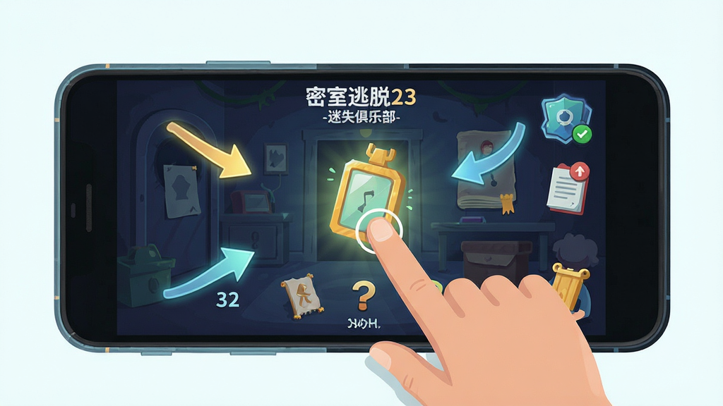 密室逃脱23迷失俱乐部-剧情解谜手机操作示意图,画面中一只手拿着手机,屏幕上显示游戏解谜界面,手指正在点击一个发光的线索物品,周围有箭头指示操作步骤,布局为竖版教程示意图,风格为清新扁平插画风,细节包含手机边框、手指动作、界面元素高亮,画质高清干净,无多余元素