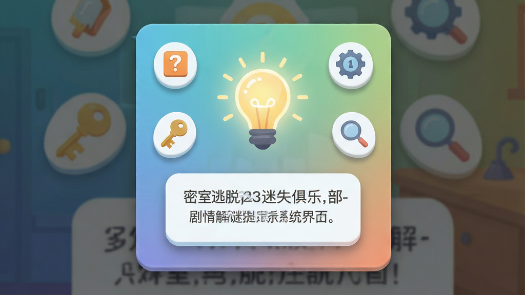 密室逃脱23迷失俱乐部-剧情解谜提示系统界面,画面中央是一个发光的灯泡图标,下方显示文字提示框,周围环绕着问号、钥匙、放大镜等小图标,布局为竖版弹窗式界面,风格为清新扁平化设计,细节包含柔和阴影、圆角按钮、渐变背景,画质高清干净,无多余元素