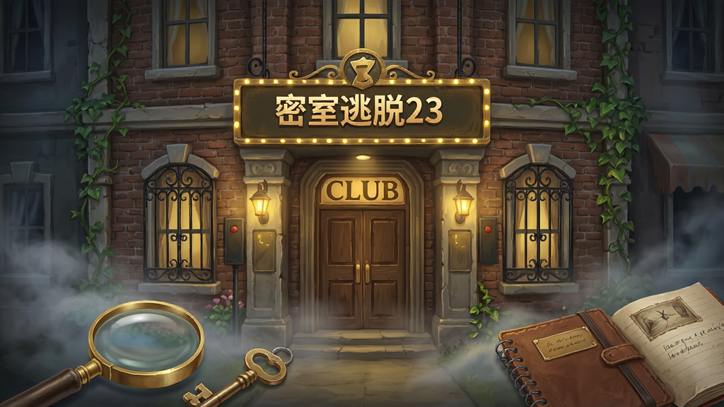 密室逃脱23迷失俱乐部-剧情解谜游戏主界面,画面中央是一座复古风格的俱乐部建筑,入口处悬挂着金色招牌,周围环绕着迷雾与暖黄色灯光,前景有放大镜、钥匙、笔记本等解谜元素,布局为竖版手机屏幕比例,风格为写实手绘风,细节包含砖墙纹理、铁艺门窗、藤蔓植物,画质高清干净,无多余元素
