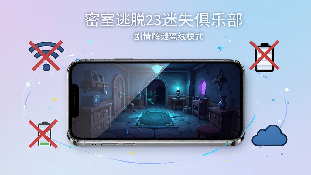 密室逃脱23迷失俱乐部-剧情解谜离线模式宣传图,画面中一部智能手机屏幕显示游戏场景,手机周围环绕着WiFi图标被划掉的符号、电池图标、云朵图标,布局为横版宣传海报风格,风格为科技感简约插画,细节包含手机金属边框、屏幕反光、柔和渐变背景,画质高清干净,无多余元素