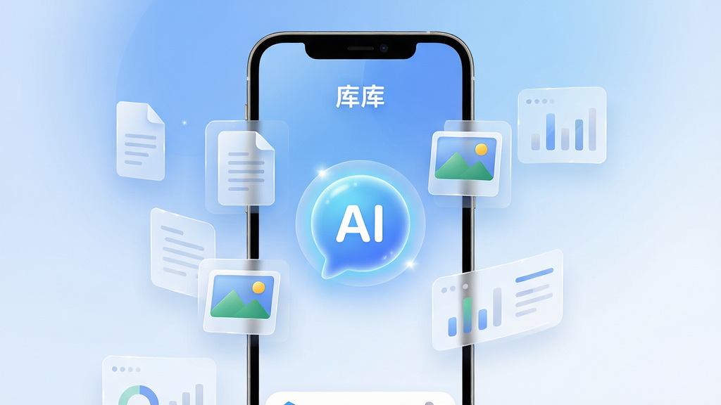画面主体是一部竖屏智能手机,屏幕中显示着名为“库库”的软件主界面,界面布局简洁,中心有一个发光的AI对话气泡图标,周围环绕着文档、图片、图表等半透明元素,背景为柔和的蓝白渐变科技风,排版采用居中构图,风格为现代扁平化UI设计,细节上突出屏幕内的高光反射与图标的立体感,画质为4K超清,干净无多余元素