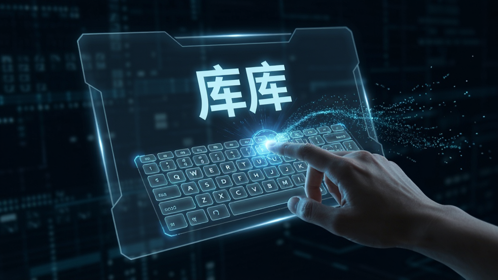 画面中央是一个悬浮在空中的全息投影界面,投影中显示着“库库”的文字标识,投影前方有一只手正在用指尖触碰虚拟键盘,指尖与键盘接触的位置散发出蓝色的数据粒子流,背景是深色的数字空间,布局采用对角线构图增加动感,风格为赛博朋克科技感,细节上强调数据粒子的光效与全息投影的透明质感,画质为8K渲染级别,干净无杂乱元素