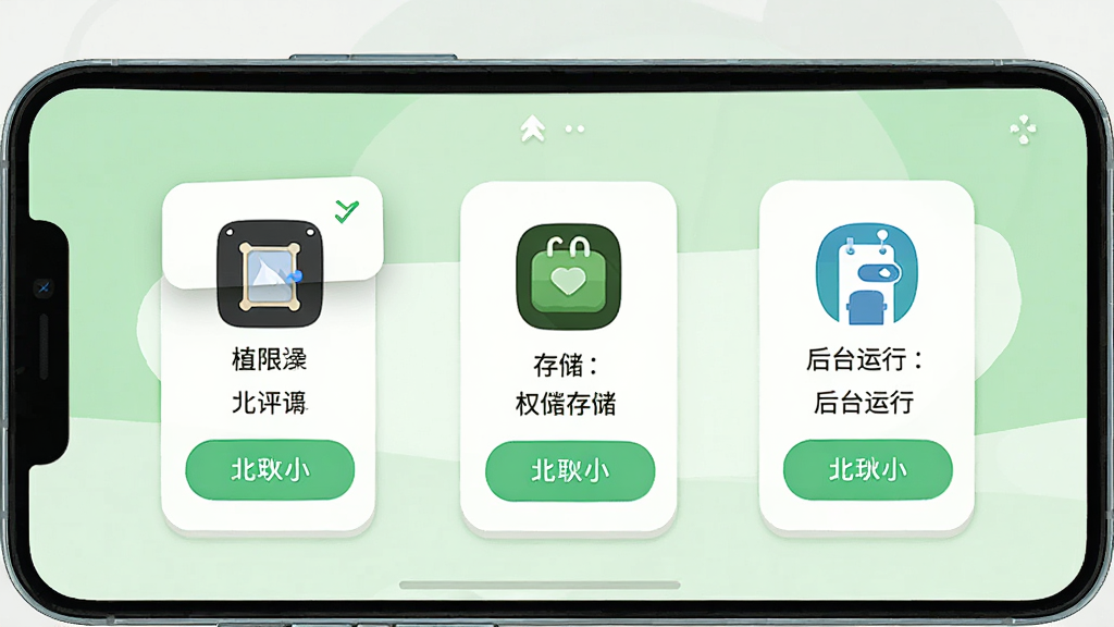 手游工具箱新手操作引导界面,画面展示手机屏幕内权限设置向导页面,包含悬浮窗、存储、后台运行三个权限图标,每个图标旁有允许按钮,背景为浅绿色清新风格,风格为扁平化设计,细节清晰,画质为4K超清,干净无多余元素