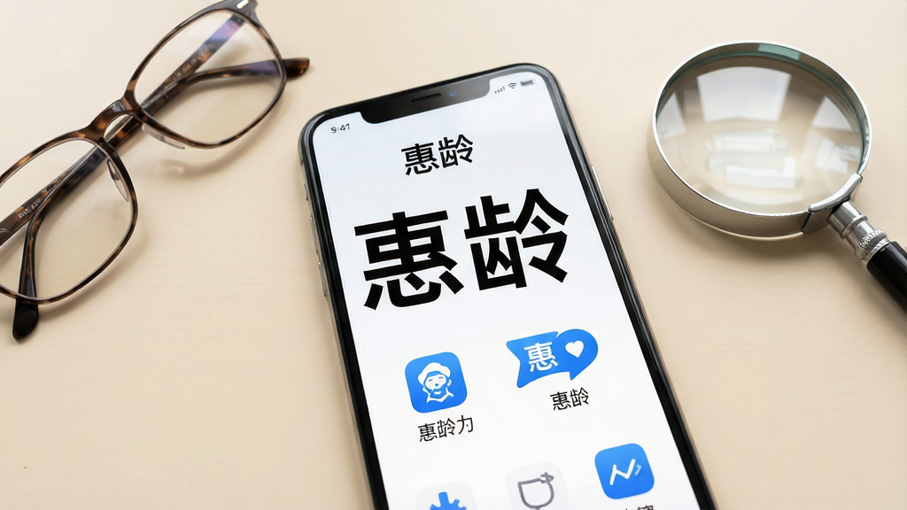 一张展示手机应用大字体简洁界面的场景图,画面中央是“惠龄”应用的主页,屏幕上显示大号中文文字与清晰图标,布局宽松;风格为极简实用,色调以白底黑字与蓝色点缀为主,细节包括手机旁的老花镜与放大镜,背景为纯色桌面;画质高清,干净整洁,无多余元素。
