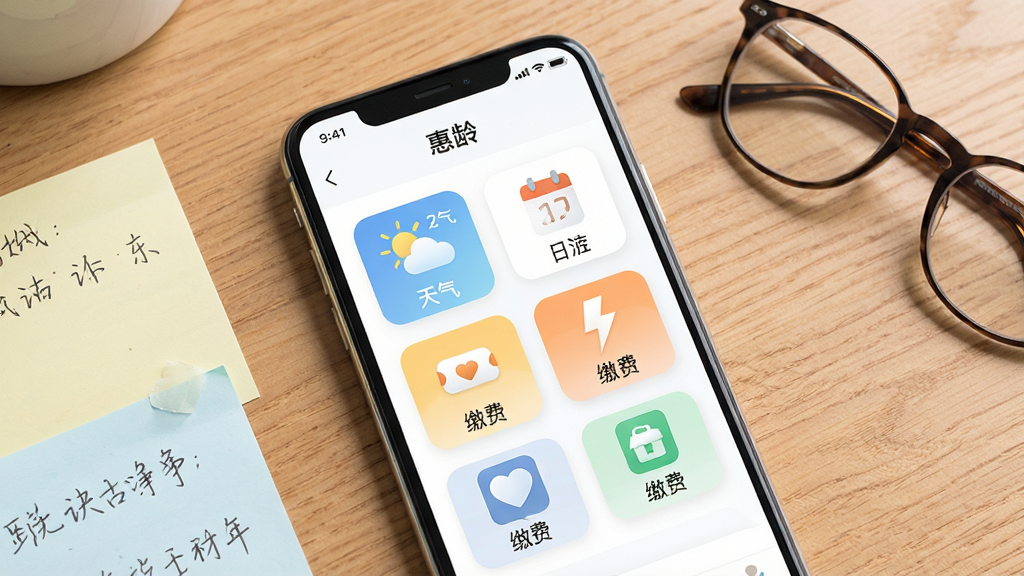 一张展示手机应用生活服务聚合页面的场景图,画面中央是“惠龄”应用界面,屏幕上排列着天气、日历、缴费等中文功能图标,布局整齐;风格为简约清新,色调明亮柔和,细节包括手机周围的便签纸与眼镜,背景为木质桌面;画质高清,干净整洁,无多余元素。