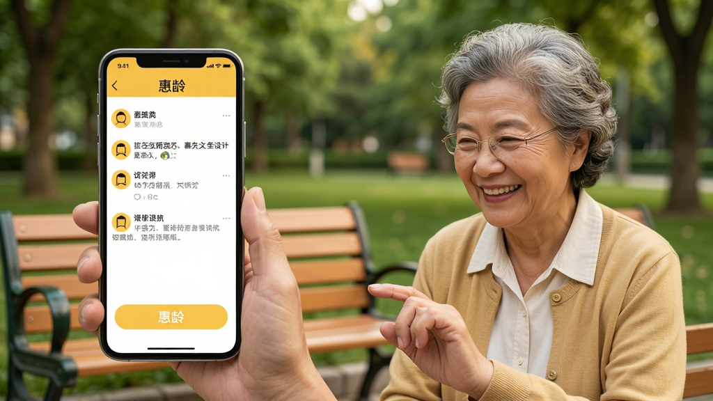 一张以社交互动为主题的场景图,画面展示两位中老年用户通过手机“惠龄”应用进行交流,手机屏幕显示社交动态与评论界面,布局左右分屏;风格为温馨写实,色调暖黄,细节包括用户笑容、手机界面上的中文按钮、背景中的公园长椅与绿树;画质高清,干净整洁,无多余元素。