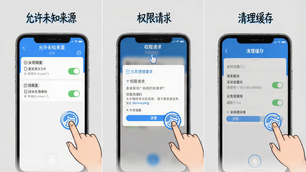 一张展示手机应用安装与设置界面的步骤图,画面分为三部分,分别显示“允许未知来源”“权限请求”“清理缓存”的中文界面,布局为横向排列;风格为教程图解,色调以蓝白为主,细节包括手指点击图标、设置开关、进度条,背景为浅灰纯色;画质高清,干净整洁,无多余元素。