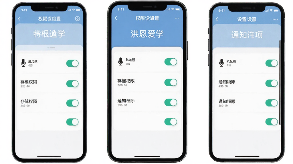 主体为洪恩爱学手机端操作界面与设置选项,布局为手机屏幕展示权限设置页面,排版为上方标题下方开关列表,风格为扁平化科技风,细节包含麦克风权限、存储权限、通知权限开关,画质高清干净无多余元素