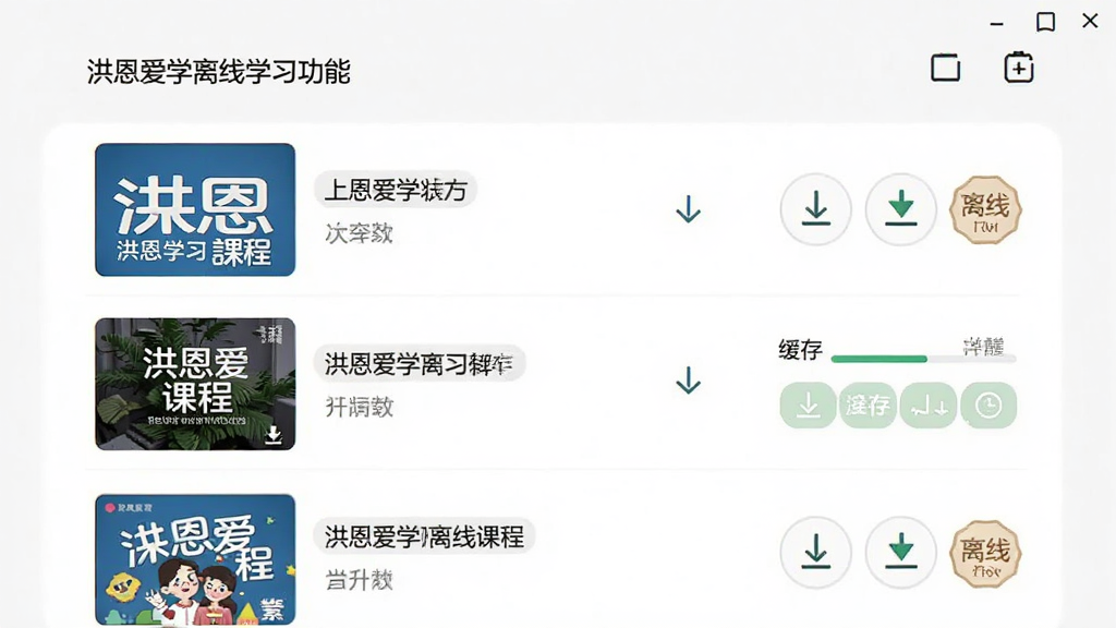 主体为洪恩爱学离线学习功能界面,布局为课程列表与下载按钮组合,排版为左侧课程封面右侧下载状态,风格为简约实用风,细节包含下载箭头、缓存进度条、离线标识,画质高清干净无多余元素