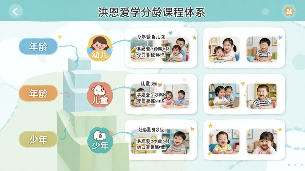 主体为洪恩爱学分龄课程体系界面,布局为纵向阶梯式排列,排版为左侧年龄标签右侧课程卡片,风格为清新教育风,细节包含幼儿、儿童、少年三个阶段图标与对应学习内容缩略图,画质高清干净无多余元素