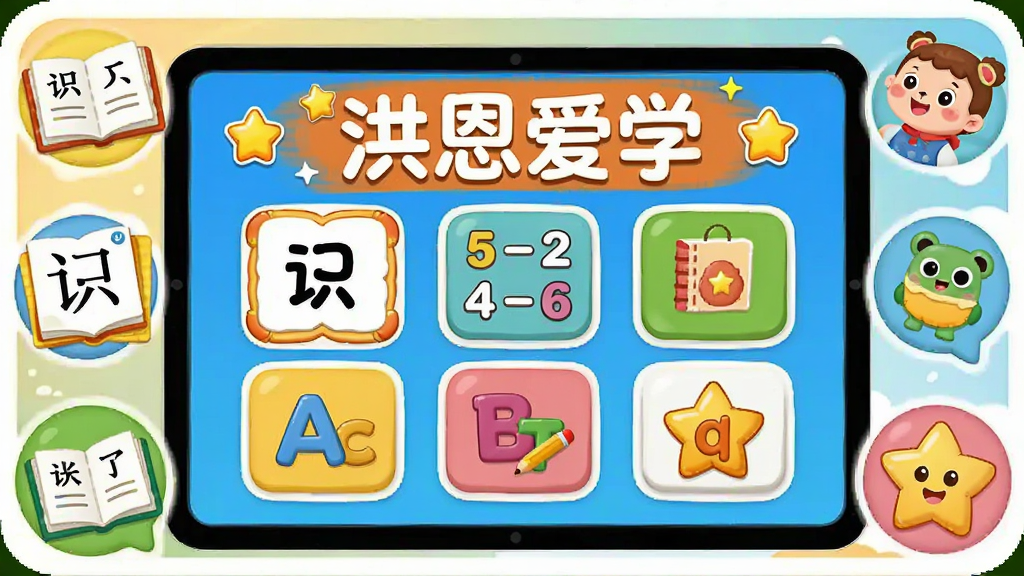 主体为洪恩爱学软件界面展示,布局采用居中大屏展示与四周环绕的学习元素,排版为上方软件名称下方功能模块图标,风格为卡通活泼的儿童教育风,细节包含识字卡片、数学算式、英语字母、星星奖励图标,画质高清干净无多余元素