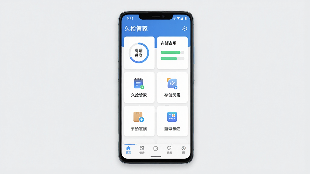 久拾管家手机管理应用主界面展示,主体为一部居中摆放的安卓智能手机,屏幕内呈现久拾管家的功能卡片式首页,布局为上方状态栏、中部功能宫格、下方导航栏,排版整齐清晰,风格为现代简约科技风,细节包含清理进度环、存储占用条、功能图标,画质高清,画面干净,无多余元素。