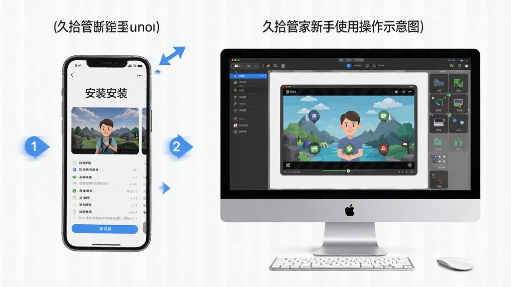 久拾管家新手使用操作示意图,主体为手机与电脑双设备并列展示,布局为左侧手机显示安装界面、右侧电脑显示模拟器运行画面,排版左右对称,风格为简洁教程风,细节包含箭头指引与步骤编号,画质高清,画面干净,无多余元素。