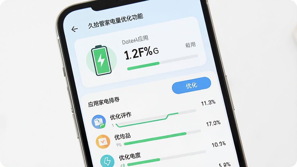 久拾管家电量优化功能页面,主体为手机界面截图,屏幕内展示电池图标、耗电应用列表与优化按钮,布局为上下结构,上方为电池状态卡片,下方为应用耗电排行,排版清晰,风格为清新浅色系,细节包含电量百分比与优化进度,画质高清,画面干净,无多余元素。