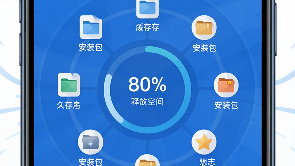 久拾管家一键清理功能界面,主体为手机屏幕特写,屏幕中央显示圆形清理进度动画,周围环绕缓存、安装包、日志等文件类型图标,布局为居中放射状排列,排版简洁对称,风格为扁平化科技蓝,细节包含百分比数字与释放空间提示,画质高清,画面干净,无多余元素。
