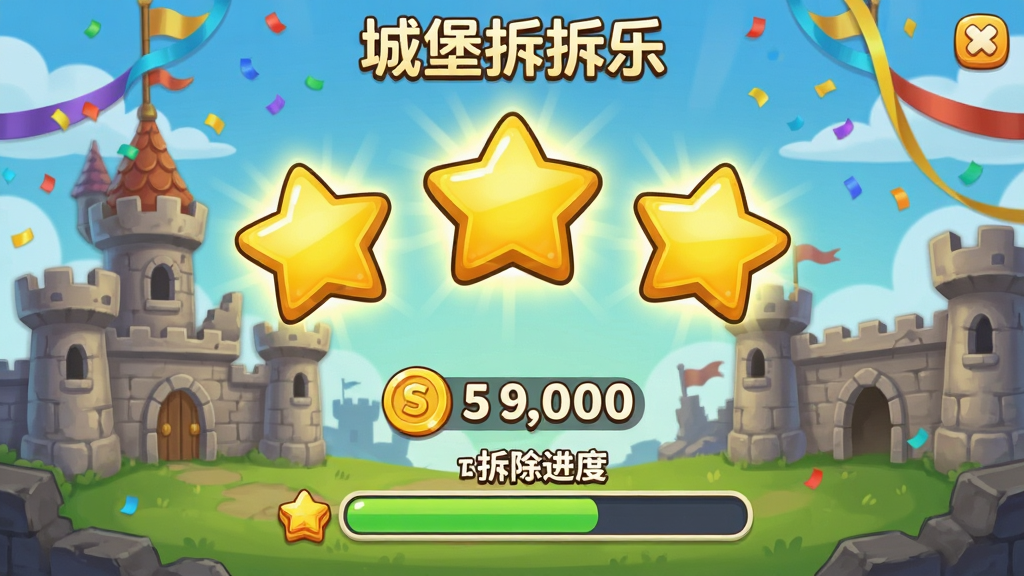 卡通风格的游戏结算界面,三颗金色星星依次亮起,下方显示金币数量和拆除进度条,背景是城堡废墟和庆祝彩带,风格为休闲手游结算页面,细节丰富,画质清晰,干净无多余元素,图片中文字标注“城堡拆拆乐”