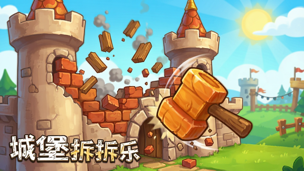 卡通风格的城堡城墙正在坍塌,砖块和木板飞溅,烟尘四起,一把巨大的卡通锤子刚刚敲击在城墙底部,画面动感十足,背景是明亮的游戏场景,风格为休闲手游宣传插画,细节丰富,画质清晰,干净无多余元素,图片中文字标注“城堡拆拆乐”