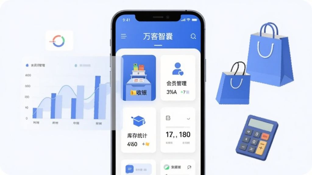 画面中央放置一部智能手机,手机屏幕内展示“万客智囊”应用主界面,界面包含收银台、会员管理、库存统计卡片式布局;手机左侧悬浮一个半透明数据图表,右侧散落几个购物袋与计算器图标;整体采用扁平化插画风格,蓝白配色为主,背景干净简洁;画质清晰,无多余元素