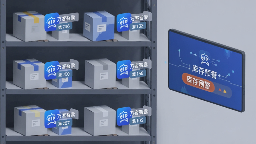 一个虚拟的仓库货架场景,货架上摆放着各类商品盒子,每个盒子旁漂浮着“万客智囊”应用图标与库存数字标签;画面右侧有一块悬浮屏幕显示库存预警提示;风格为现代扁平科技感,蓝灰主色调,排版整齐,画质干净无杂乱元素